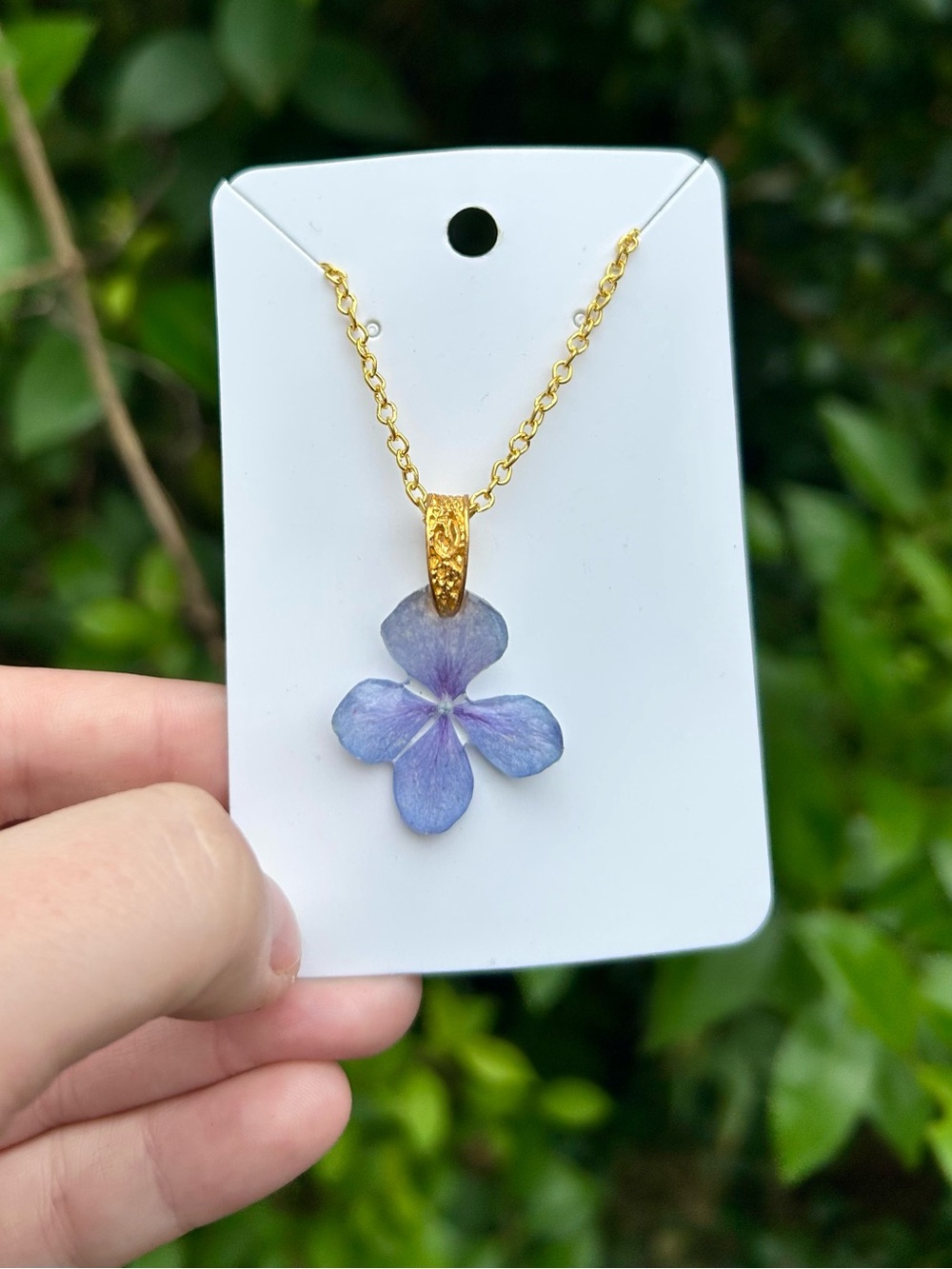 Gold Chain Necklace with Real Hydrangea Flower Pendant